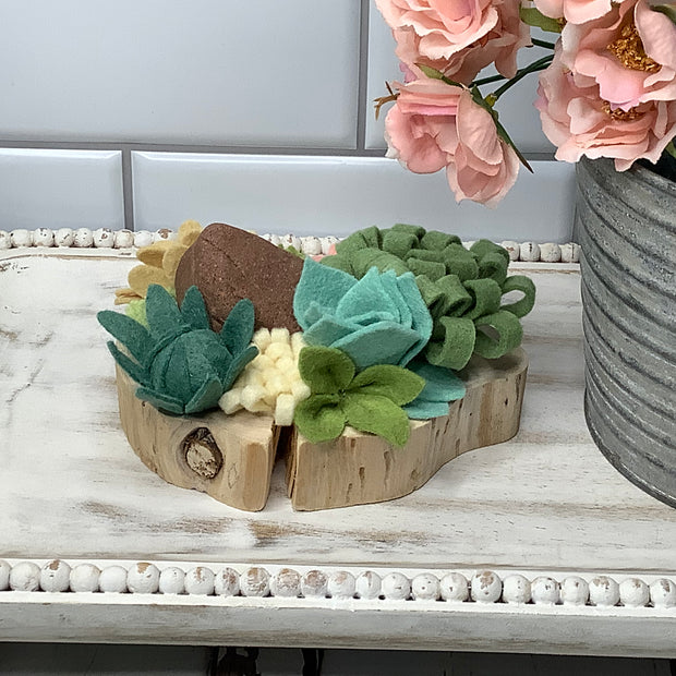 Blush, Cream & Green Succulent Garden with Stone on Natural Wood Base