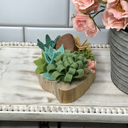 Blush, Cream & Green Succulent Garden with Stone on Natural Wood Base
