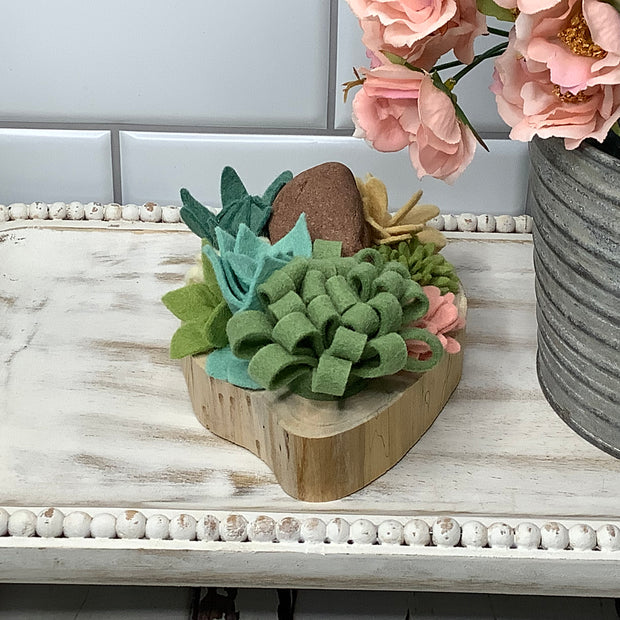 Blush, Cream & Green Succulent Garden with Stone on Natural Wood Base