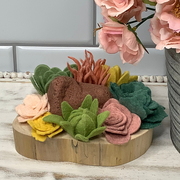 Blush,Mustard & Green Succulent Garden with Stone on Natural Wood Base
