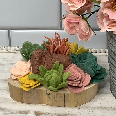 Blush,Mustard & Green Succulent Garden with Stone on Natural Wood Base