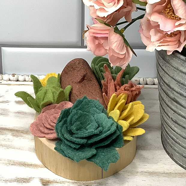Blush,Mustard & Green Succulent Garden with Stone on Natural Wood Base