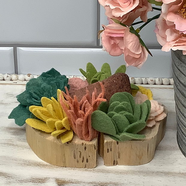 Blush,Mustard & Green Succulent Garden with Stone on Natural Wood Base