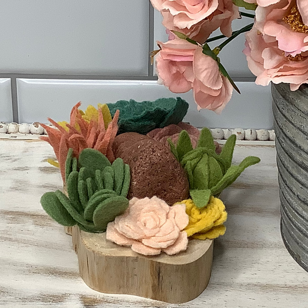 Blush,Mustard & Green Succulent Garden with Stone on Natural Wood Base