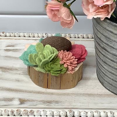 Blush,Soft Mint, Rose & Green Succulent Garden with Stone on Natural Wood Base