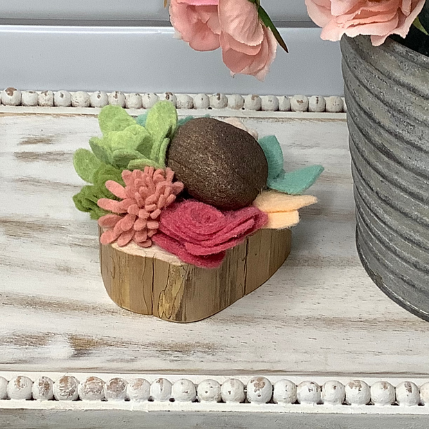 Blush,Soft Mint, Rose & Green Succulent Garden with Stone on Natural Wood Base