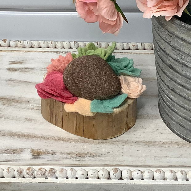 Blush,Soft Mint, Rose & Green Succulent Garden with Stone on Natural Wood Base