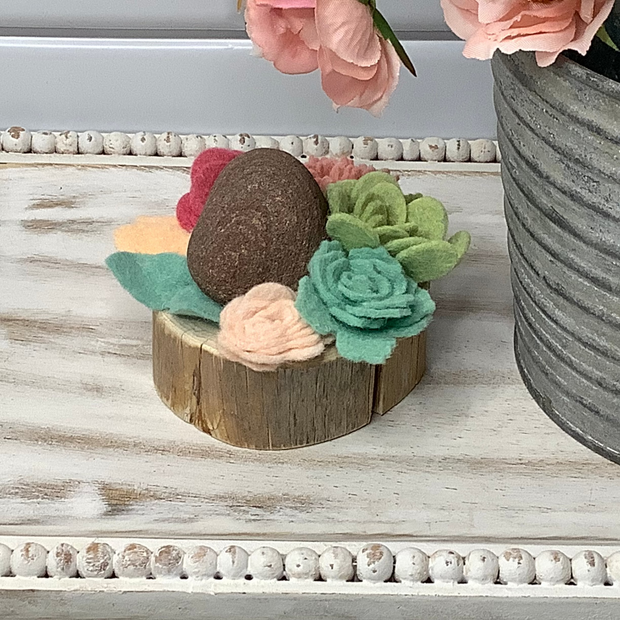 Blush,Soft Mint, Rose & Green Succulent Garden with Stone on Natural Wood Base