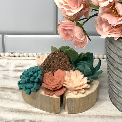 Blush, Terra Cotta & Green Succulent Garden with Stone on Natural Wood Base