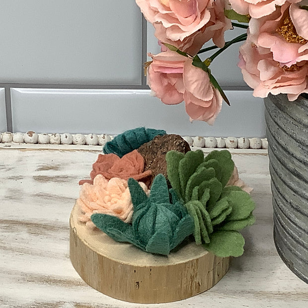 Blush, Terra Cotta & Green Succulent Garden with Stone on Natural Wood Base