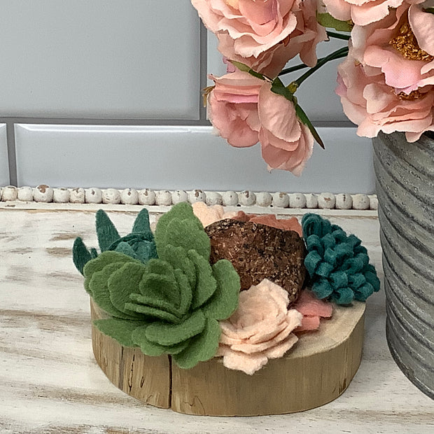 Blush, Terra Cotta & Green Succulent Garden with Stone on Natural Wood Base