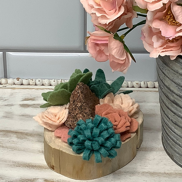 Blush, Terra Cotta & Green Succulent Garden with Stone on Natural Wood Base