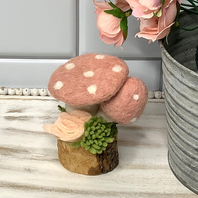 2 Salmon Wooly Mushrooms & Flora on Natural Wood Base