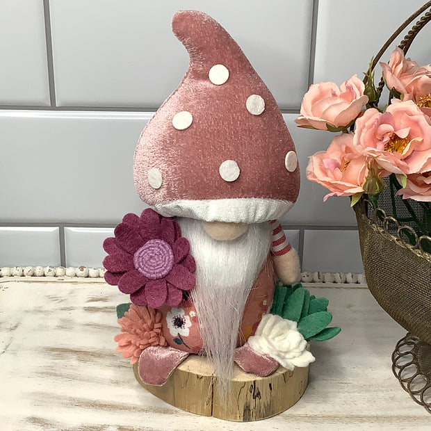 Blush Mushroom Gnome & Flora on Natural Wood Base