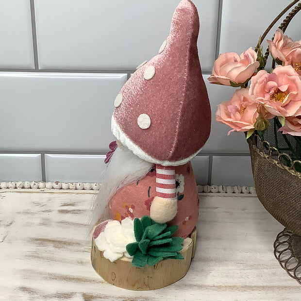 Blush Mushroom Gnome & Flora on Natural Wood Base