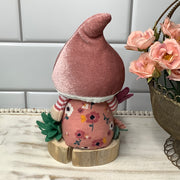 Blush Mushroom Gnome & Flora on Natural Wood Base