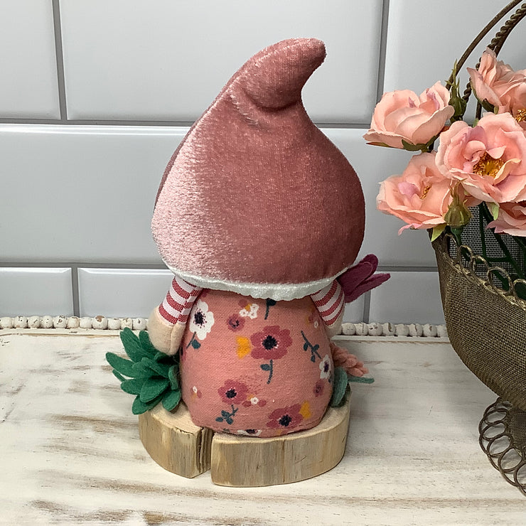 Blush Mushroom Gnome & Flora on Natural Wood Base