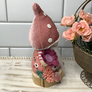 Blush Mushroom Gnome & Flora on Natural Wood Base