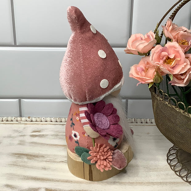 Blush Mushroom Gnome & Flora on Natural Wood Base