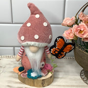 Blush Mushroom Gnome, Butterfly & Flora on Natural Wood Base