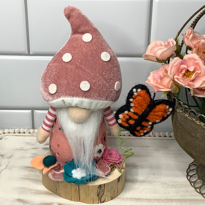 Blush Mushroom Gnome, Butterfly & Flora on Natural Wood Base