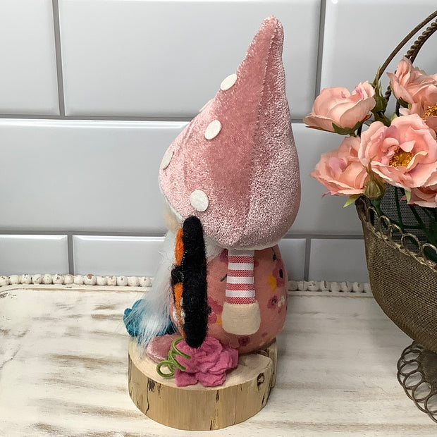 Blush Mushroom Gnome, Butterfly & Flora on Natural Wood Base