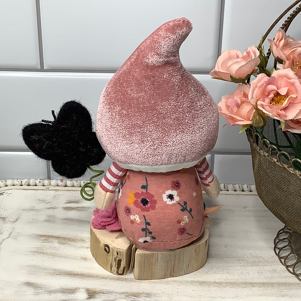 Blush Mushroom Gnome, Butterfly & Flora on Natural Wood Base