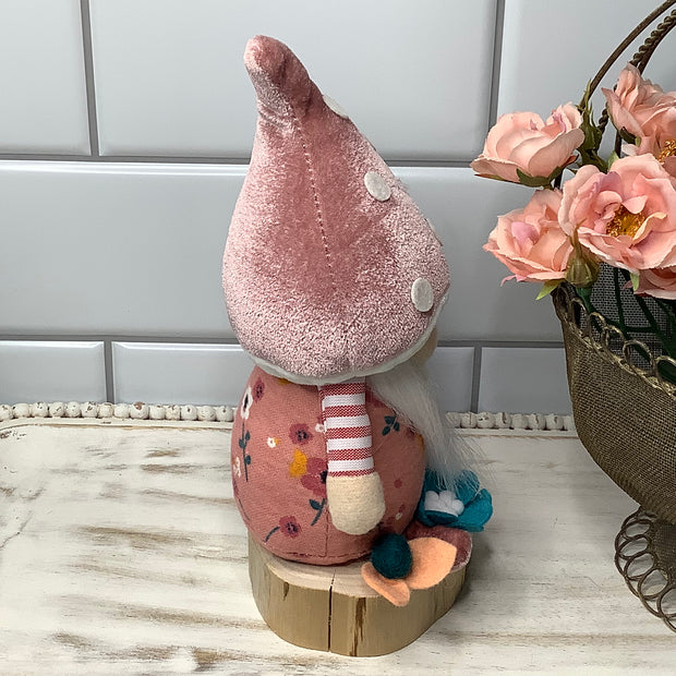Blush Mushroom Gnome, Butterfly & Flora on Natural Wood Base