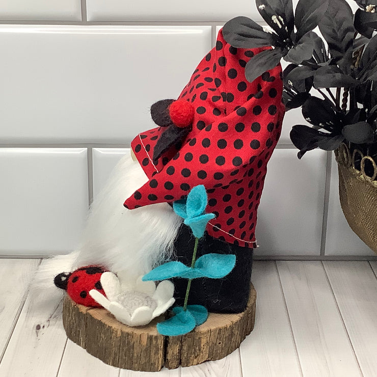 Moxie-LadyBug Gnome & Flora on Natural Wood Base