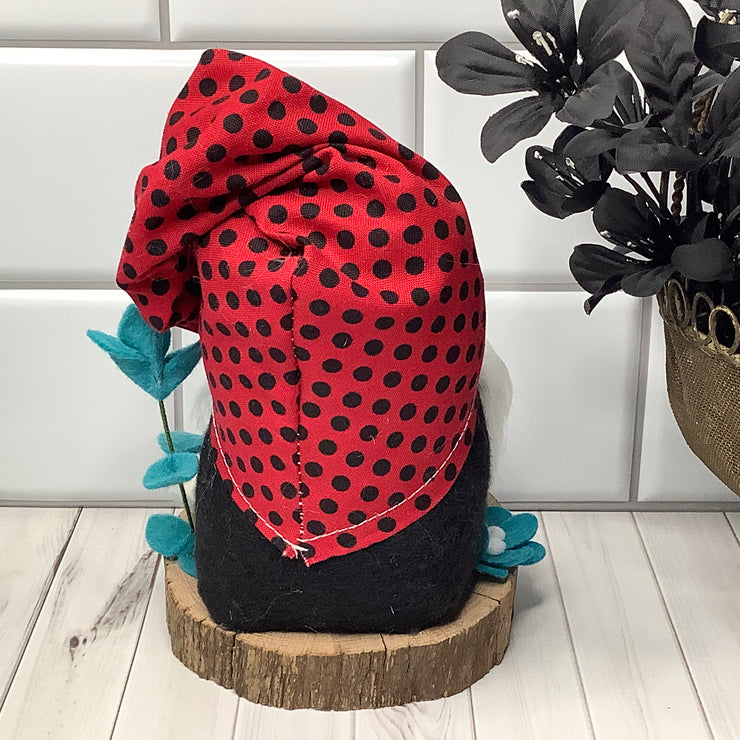Moxie-LadyBug Gnome & Flora on Natural Wood Base