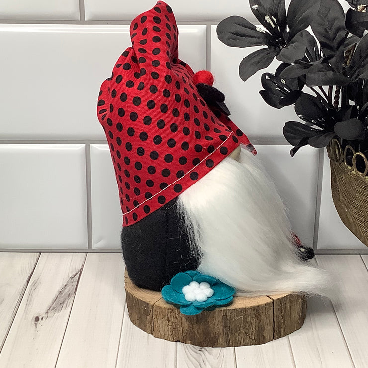 Moxie-LadyBug Gnome & Flora on Natural Wood Base