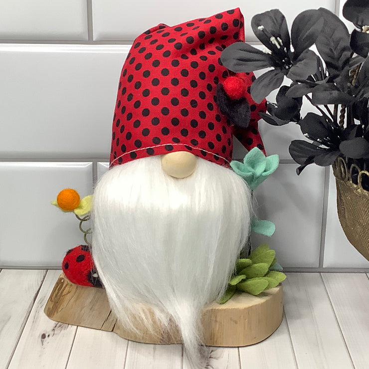 Dot-LadyBug Gnome & Flora on Natural Wood Base