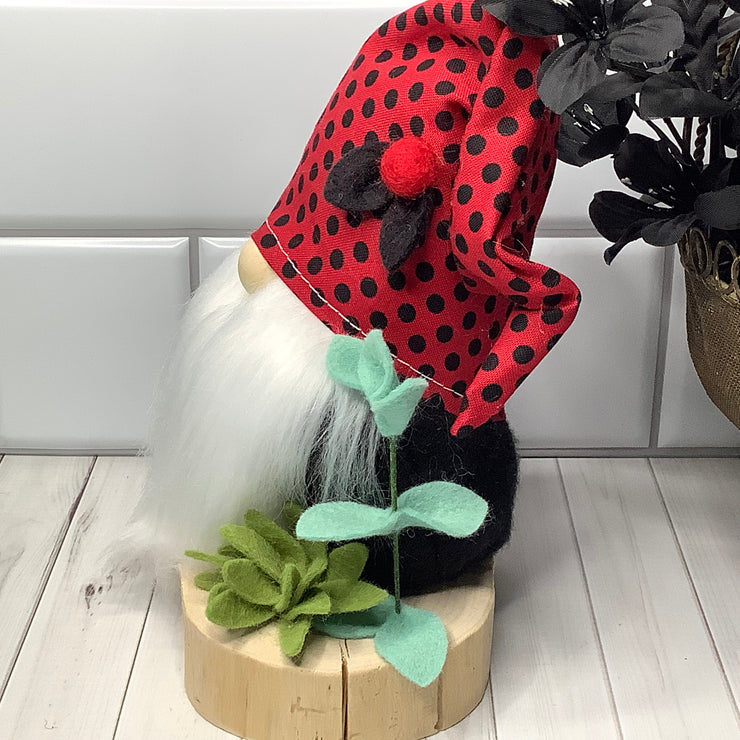 Dot-LadyBug Gnome & Flora on Natural Wood Base