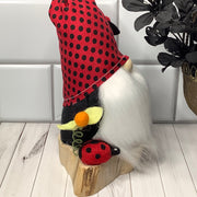 Dot-LadyBug Gnome & Flora on Natural Wood Base