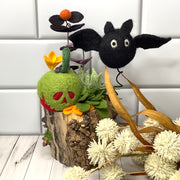 Poison Apple & Bat with Flora on Natural Wood Base/Halloween