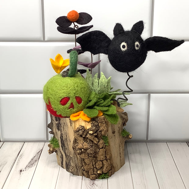 Poison Apple & Bat with Flora on Natural Wood Base/Halloween