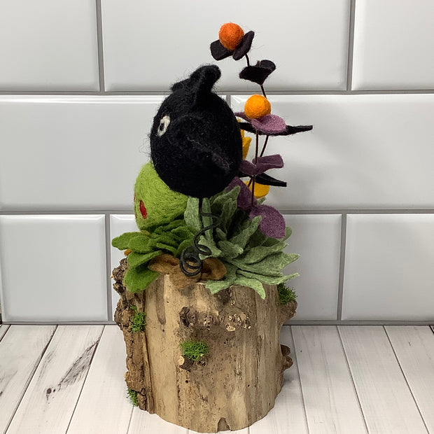 Poison Apple & Bat with Flora on Natural Wood Base/Halloween