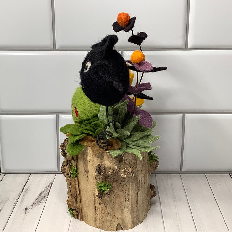 Poison Apple & Bat with Flora on Natural Wood Base/Halloween