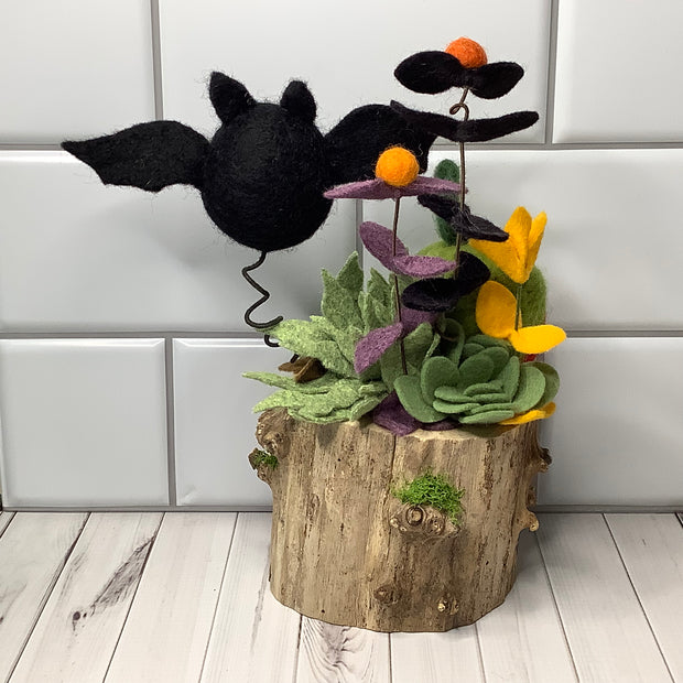 Poison Apple & Bat with Flora on Natural Wood Base/Halloween