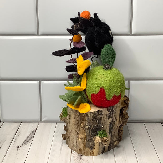 Poison Apple & Bat with Flora on Natural Wood Base/Halloween