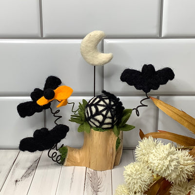 Spider Web, Moon & Bats with Flora on Natural Wood Base/Halloween