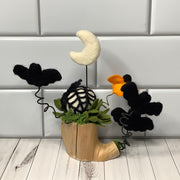 Spider Web, Moon & Bats with Flora on Natural Wood Base/Halloween