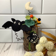 Spider Web, Moon & Bat with Flora on Natural Wood Base/Halloween