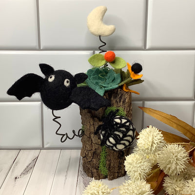 Spider Web, Moon & Bat with Flora on Natural Wood Base/Halloween