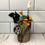 Spider Web, Moon & Bat with Flora on Natural Wood Base/Halloween