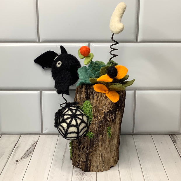 Spider Web, Moon & Bat with Flora on Natural Wood Base/Halloween
