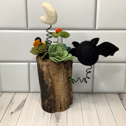 Spider Web, Moon & Bat with Flora on Natural Wood Base/Halloween