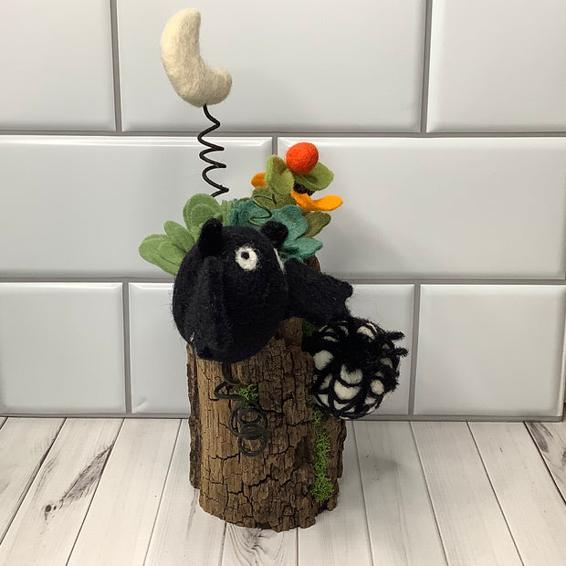 Spider Web, Moon & Bat with Flora on Natural Wood Base/Halloween