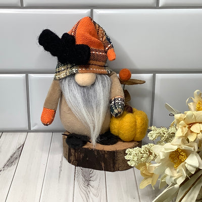 Autumn Gnome with Bat, Pumpkin & Flora on Natural Wood Base/Halloween