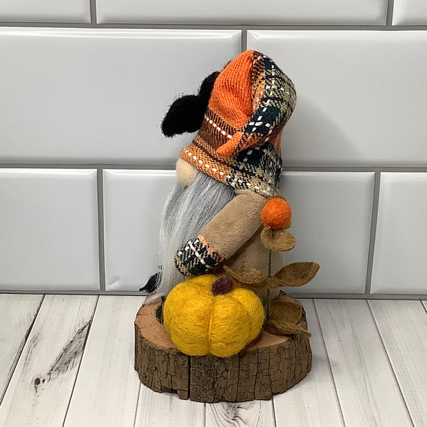 Autumn Gnome with Bat, Pumpkin & Flora on Natural Wood Base/Halloween